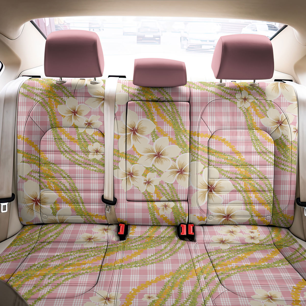 Akala Hamele Palaka Plumeria Back Car Seat Cover Puakenikeni and Maile Lei