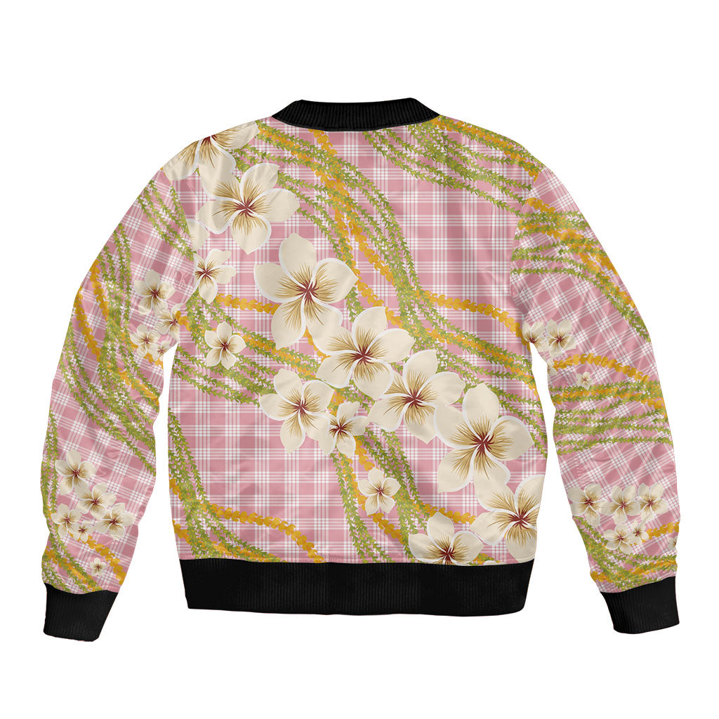 Akala Hamele Palaka Plumeria Bomber Jacket Puakenikeni and Maile Lei