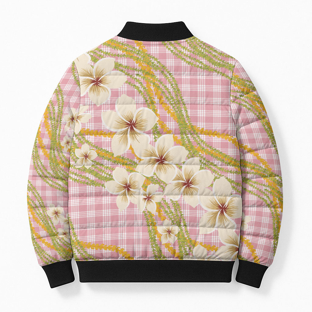 Akala Hamele Palaka Plumeria Bomber Puffer Jacket Puakenikeni and Maile Lei