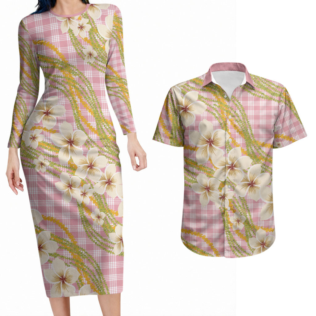 Akala Hamele Palaka Plumeria Couples Matching Long Sleeve Bodycon Dress and Hawaiian Shirt Puakenikeni and Maile Lei LT9 Dusty Rose - Polynesian Pride