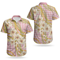 Akala Hamele Palaka Plumeria Couples Matching Long Sleeve Bodycon Dress and Hawaiian Shirt Puakenikeni and Maile Lei
