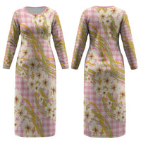 Akala Hamele Palaka Plumeria Couples Matching Long Sleeve Bodycon Dress and Hawaiian Shirt Puakenikeni and Maile Lei