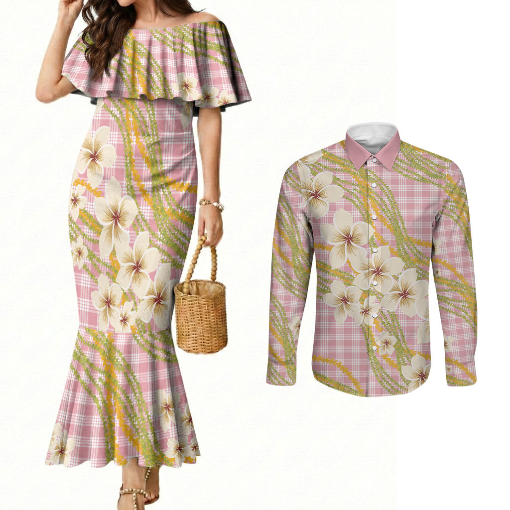Akala Hamele Palaka Plumeria Couples Matching Mermaid Dress and Long Sleeve Button Shirt Puakenikeni and Maile Lei