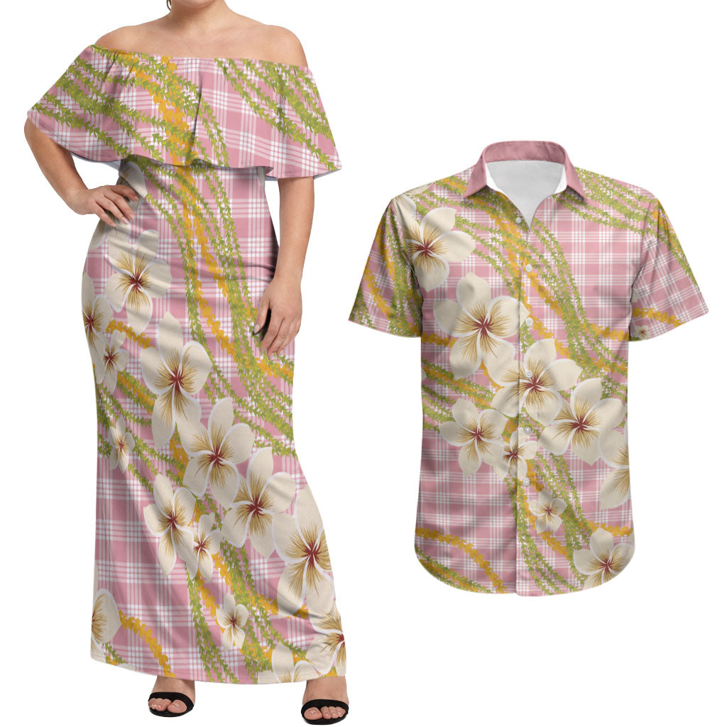 Akala Hamele Palaka Plumeria Couples Matching Off Shoulder Maxi Dress and Hawaiian Shirt Puakenikeni and Maile Lei