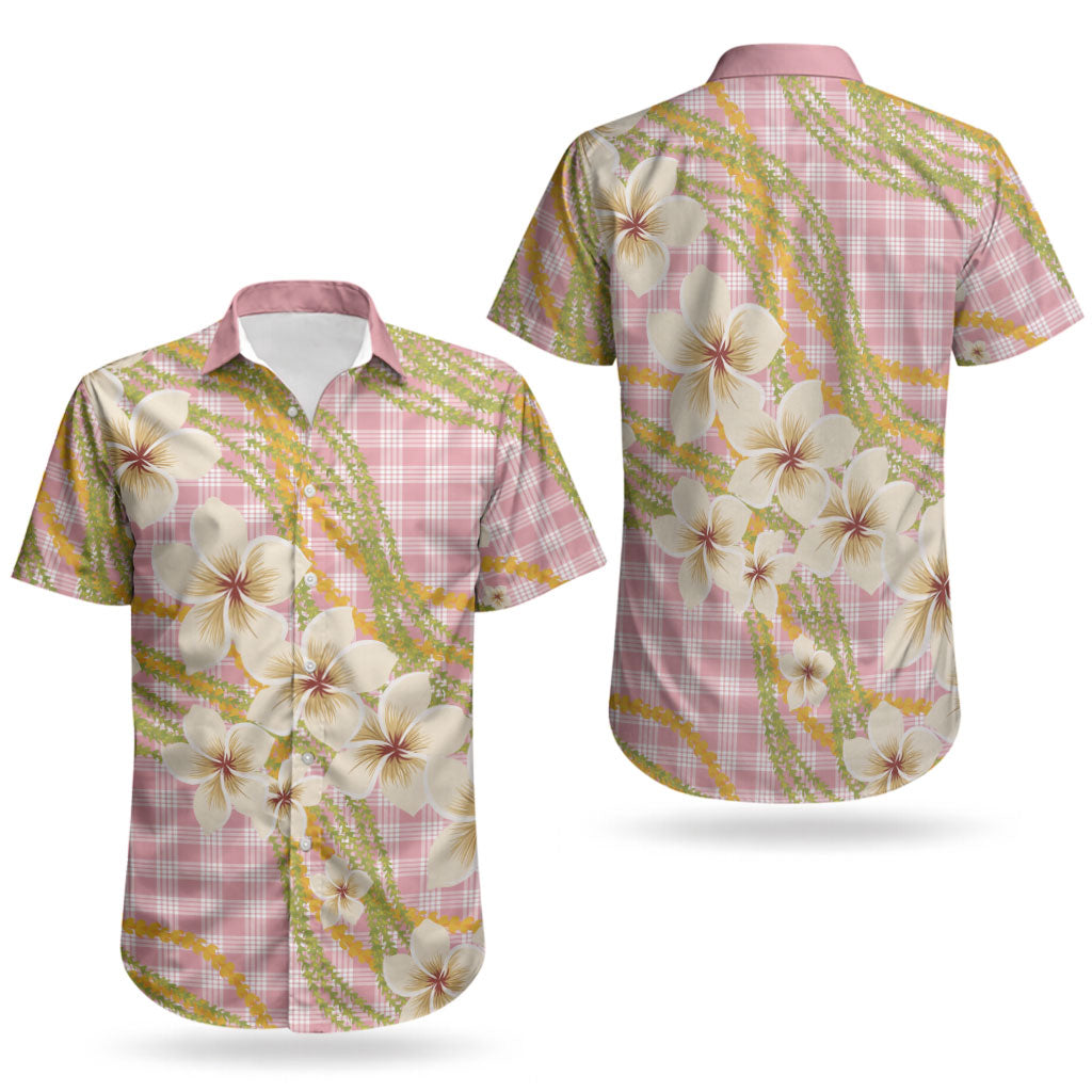 Akala Hamele Palaka Plumeria Couples Matching Off Shoulder Maxi Dress and Hawaiian Shirt Puakenikeni and Maile Lei