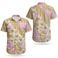 Akala Hamele Palaka Plumeria Couples Matching Off Shoulder Maxi Dress and Hawaiian Shirt Puakenikeni and Maile Lei