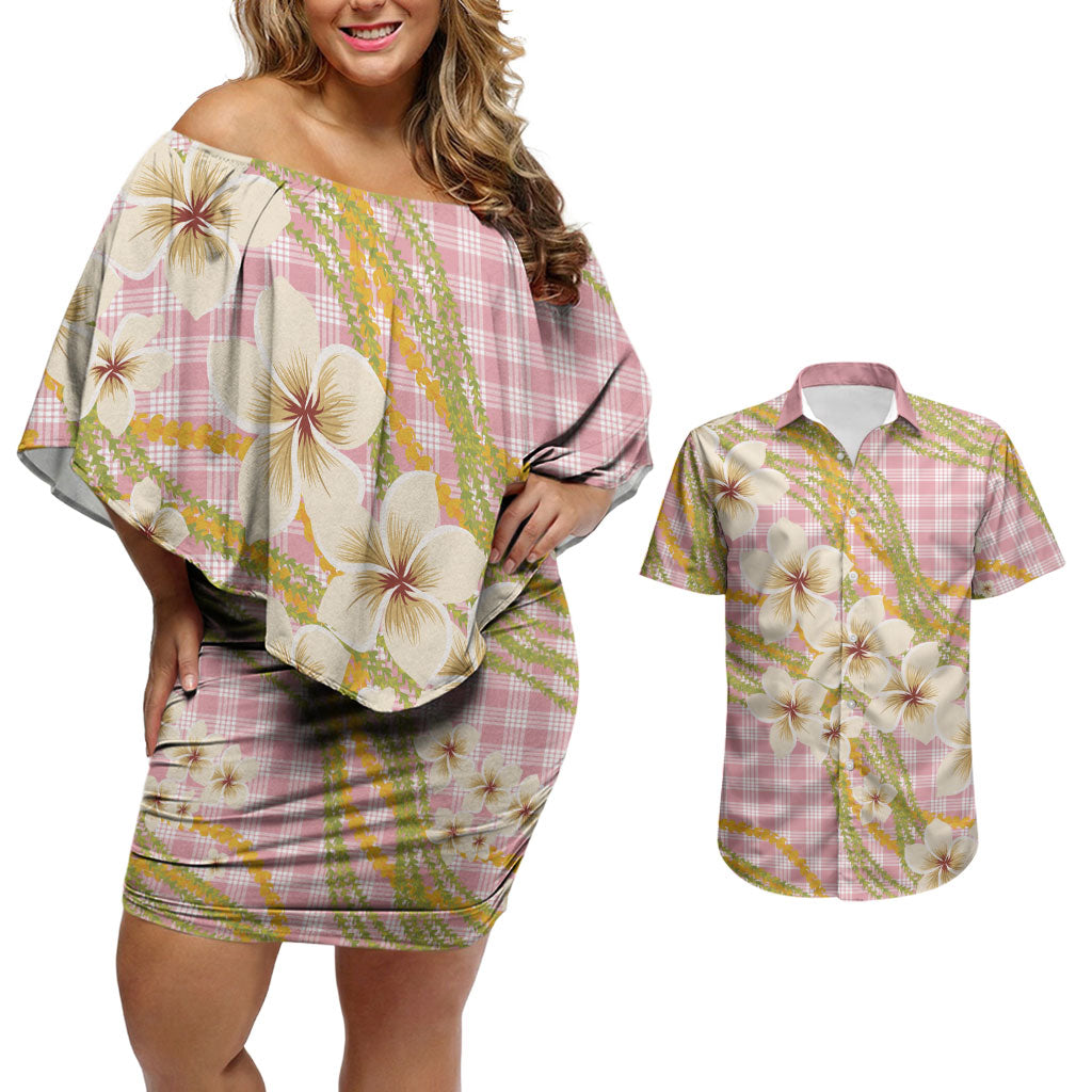 Akala Hamele Palaka Plumeria Couples Matching Off Shoulder Short Dress and Hawaiian Shirt Puakenikeni and Maile Lei LT9 Dusty Rose - Polynesian Pride