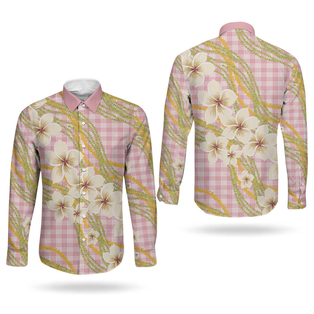 Akala Hamele Palaka Plumeria Couples Matching Off Shoulder Short Dress and Long Sleeve Button Shirt Puakenikeni and Maile Lei