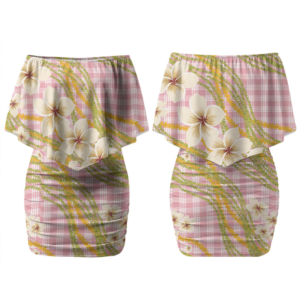 Akala Hamele Palaka Plumeria Couples Matching Off Shoulder Short Dress and Long Sleeve Button Shirt Puakenikeni and Maile Lei