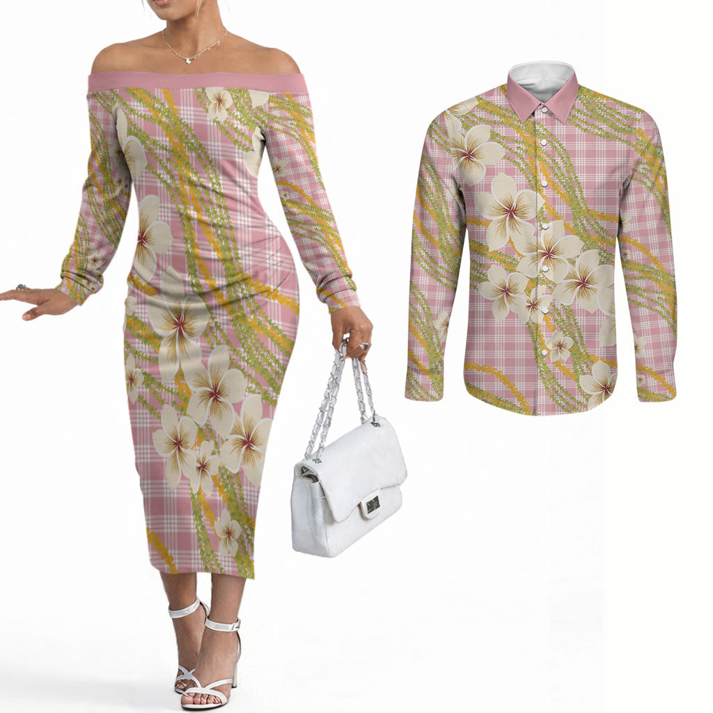Akala Hamele Palaka Plumeria Couples Matching Off The Shoulder Long Sleeve Dress and Long Sleeve Button Shirt Puakenikeni and Maile Lei