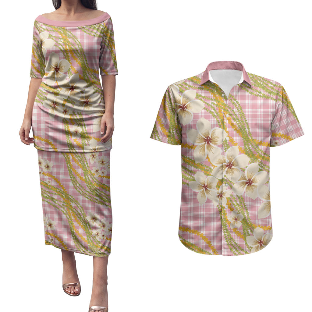 Akala Hamele Palaka Plumeria Couples Matching Puletasi and Hawaiian Shirt Puakenikeni and Maile Lei LT9 Dusty Rose - Polynesian Pride