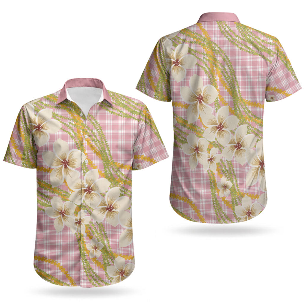 Akala Hamele Palaka Plumeria Couples Matching Puletasi and Hawaiian Shirt Puakenikeni and Maile Lei