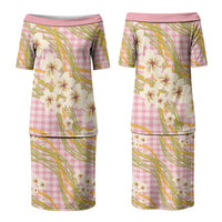 Akala Hamele Palaka Plumeria Couples Matching Puletasi and Hawaiian Shirt Puakenikeni and Maile Lei