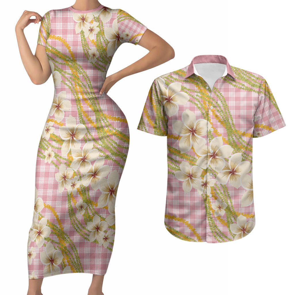 Akala Hamele Palaka Plumeria Couples Matching Short Sleeve Bodycon Dress and Hawaiian Shirt Puakenikeni and Maile Lei LT9 Dusty Rose - Polynesian Pride