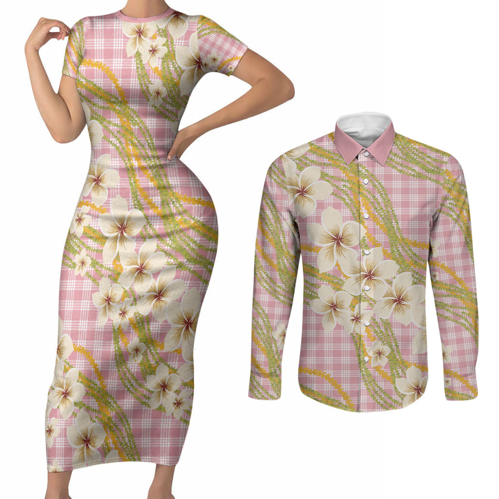 Akala Hamele Palaka Plumeria Couples Matching Short Sleeve Bodycon Dress and Long Sleeve Button Shirt Puakenikeni and Maile Lei