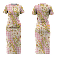 Akala Hamele Palaka Plumeria Couples Matching Short Sleeve Bodycon Dress and Long Sleeve Button Shirt Puakenikeni and Maile Lei