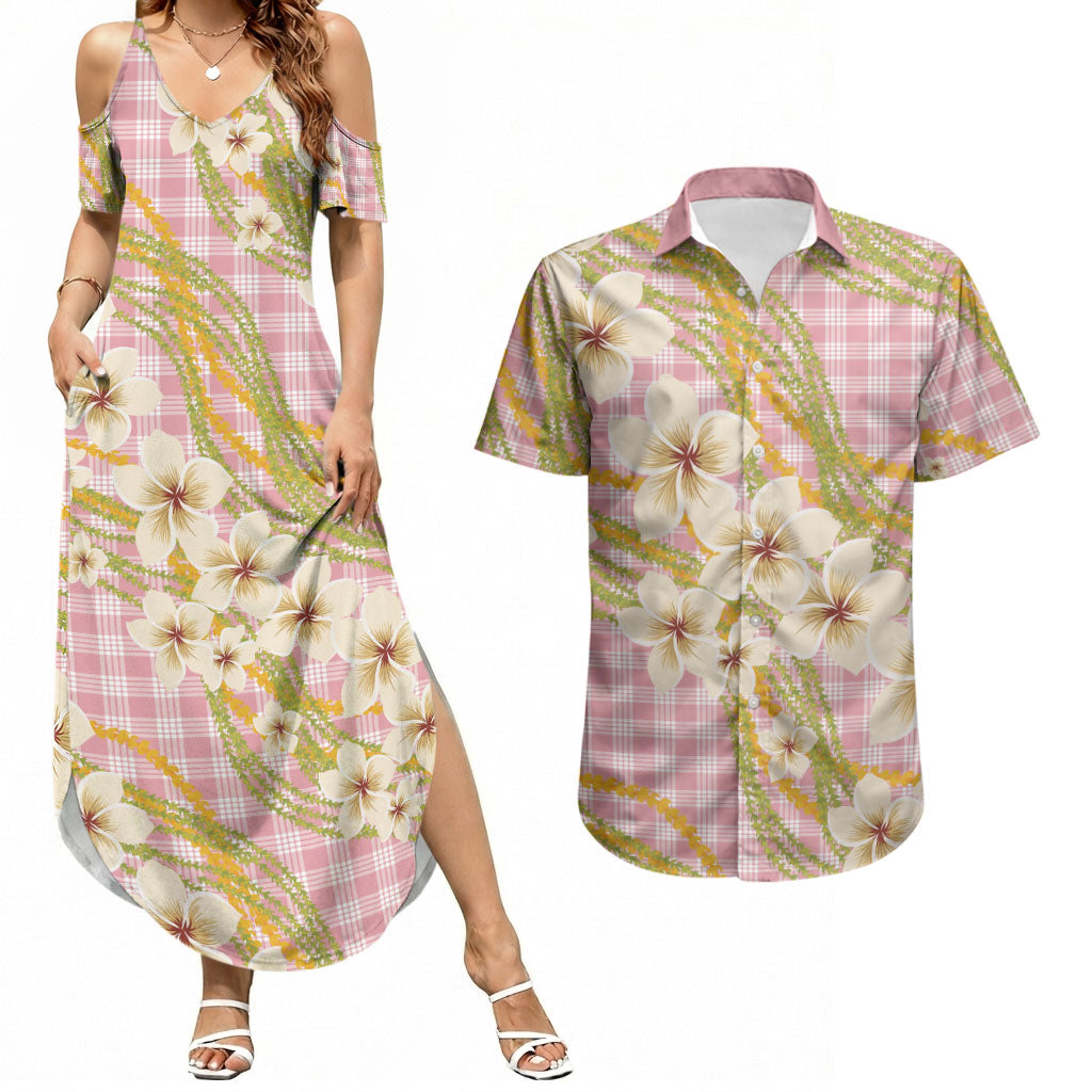Akala Hamele Palaka Plumeria Couples Matching Summer Maxi Dress and Hawaiian Shirt Puakenikeni and Maile Lei