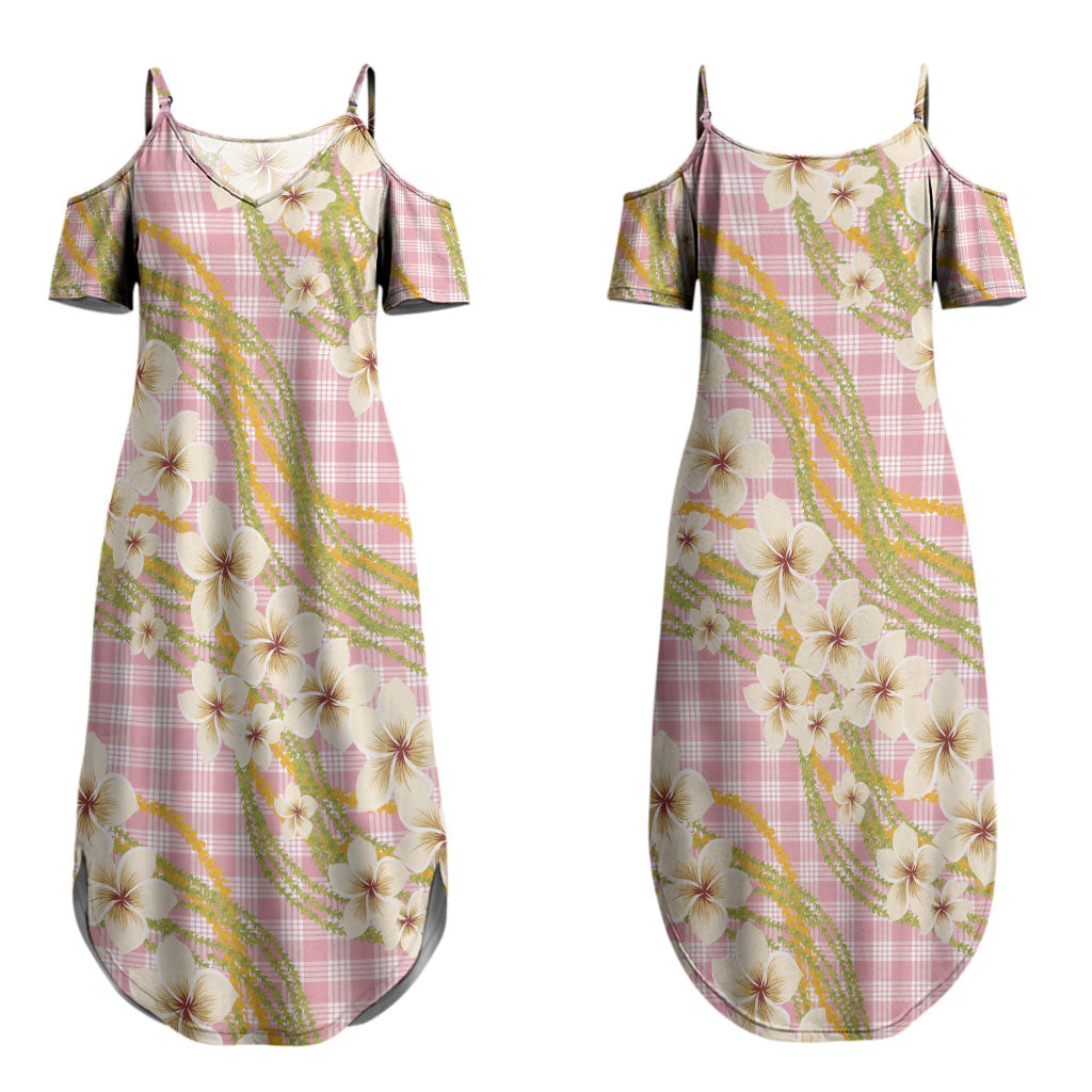 Akala Hamele Palaka Plumeria Couples Matching Summer Maxi Dress and Long Sleeve Button Shirt Puakenikeni and Maile Lei