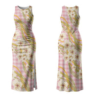 Akala Hamele Palaka Plumeria Couples Matching Tank Maxi Dress and Hawaiian Shirt Puakenikeni and Maile Lei