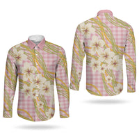 Akala Hamele Palaka Plumeria Couples Matching Tank Maxi Dress and Long Sleeve Button Shirt Puakenikeni and Maile Lei