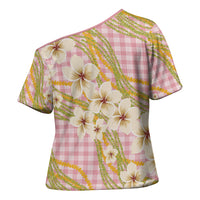 Akala Hamele Palaka Plumeria Cross Shoulder Shirt Puakenikeni and Maile Lei