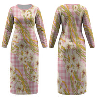 Akala Hamele Palaka Plumeria Family Matching Long Sleeve Bodycon Dress and Hawaiian Shirt Puakenikeni and Maile Lei