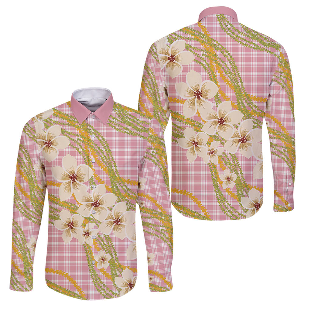 Akala Hamele Palaka Plumeria Family Matching Off The Shoulder Long Sleeve Dress and Hawaiian Shirt Puakenikeni and Maile Lei