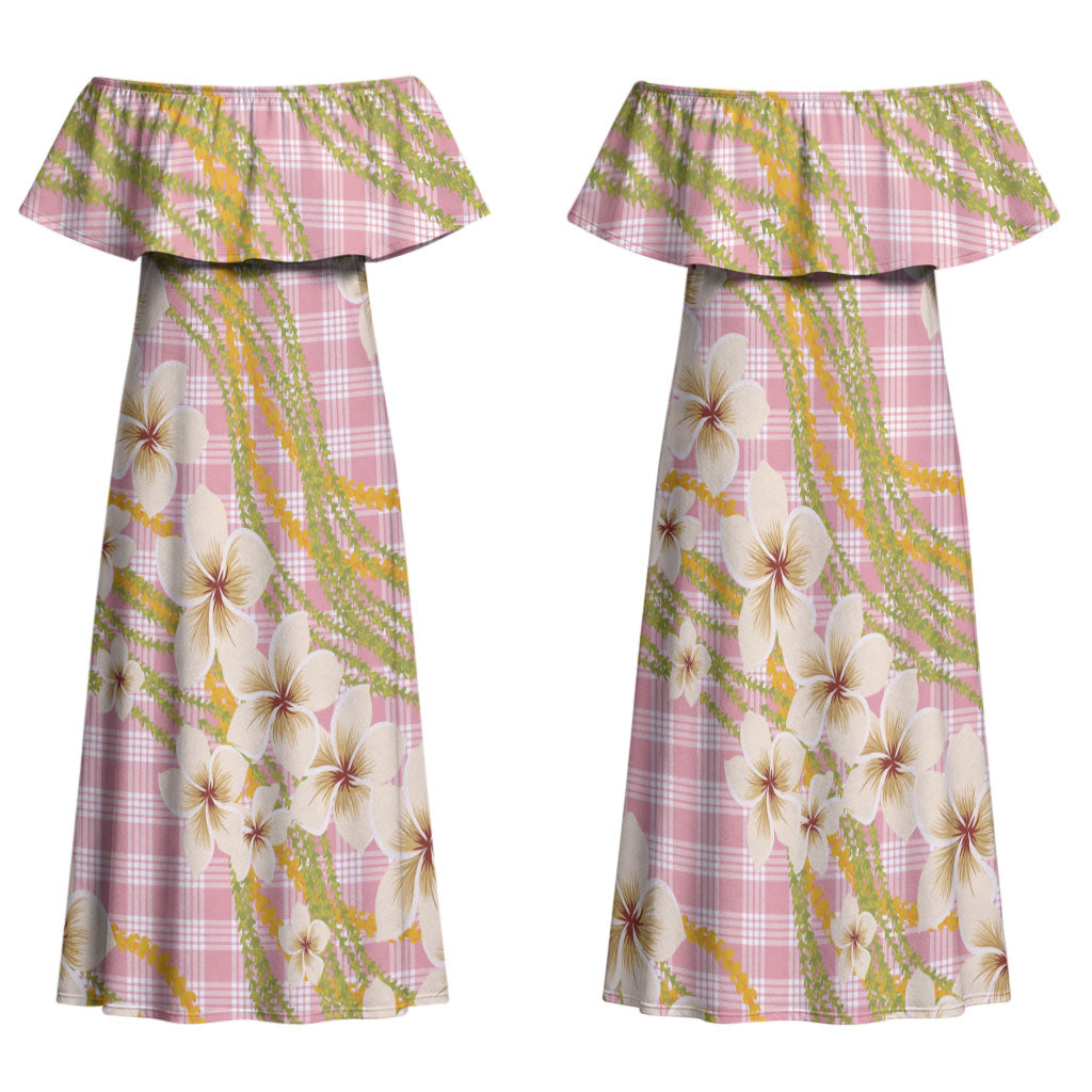 Akala Hamele Palaka Plumeria Family Matching Off Shoulder Maxi Dress and Hawaiian Shirt Puakenikeni and Maile Lei