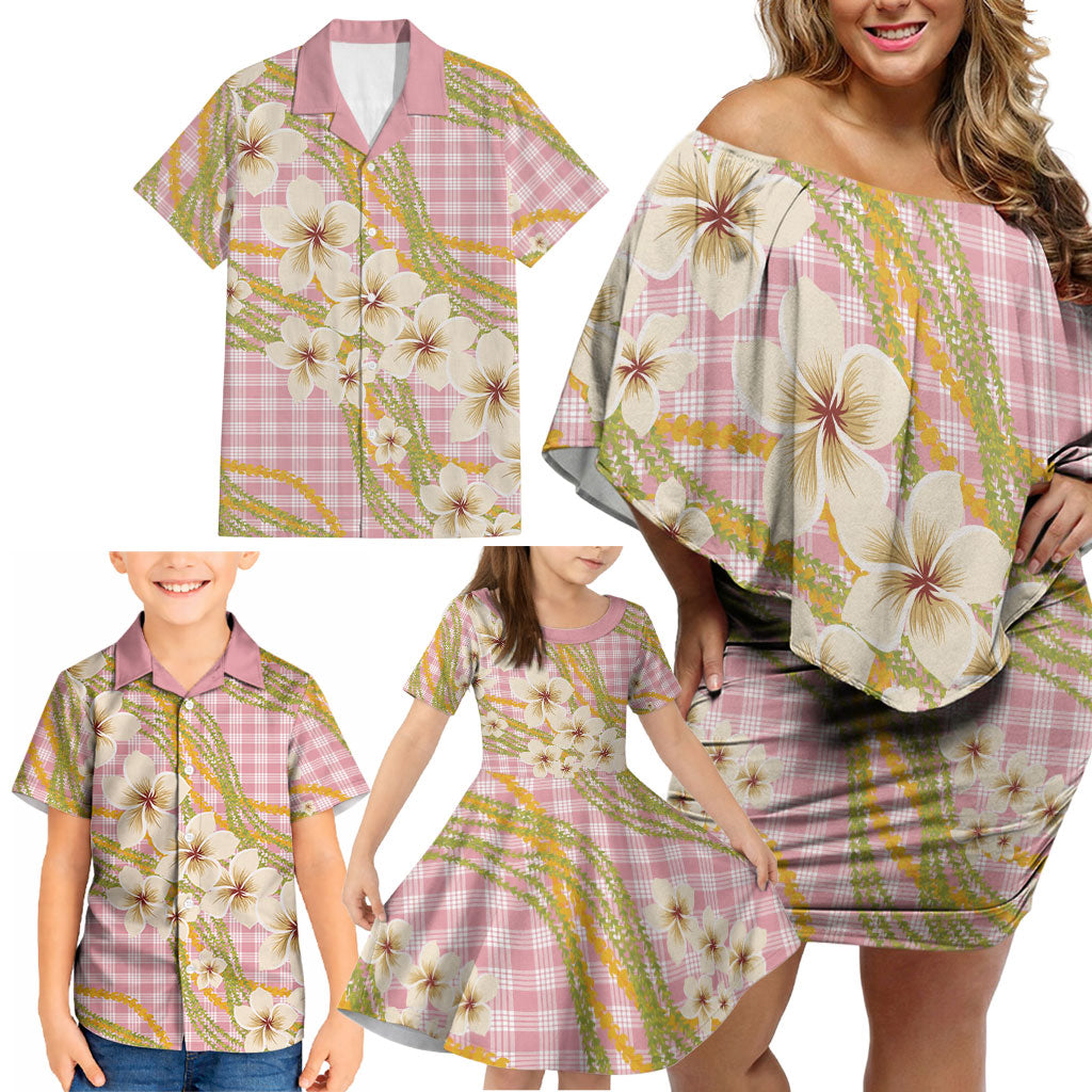 Akala Hamele Palaka Plumeria Family Matching Off Shoulder Short Dress and Hawaiian Shirt Puakenikeni and Maile Lei LT9 - Polynesian Pride