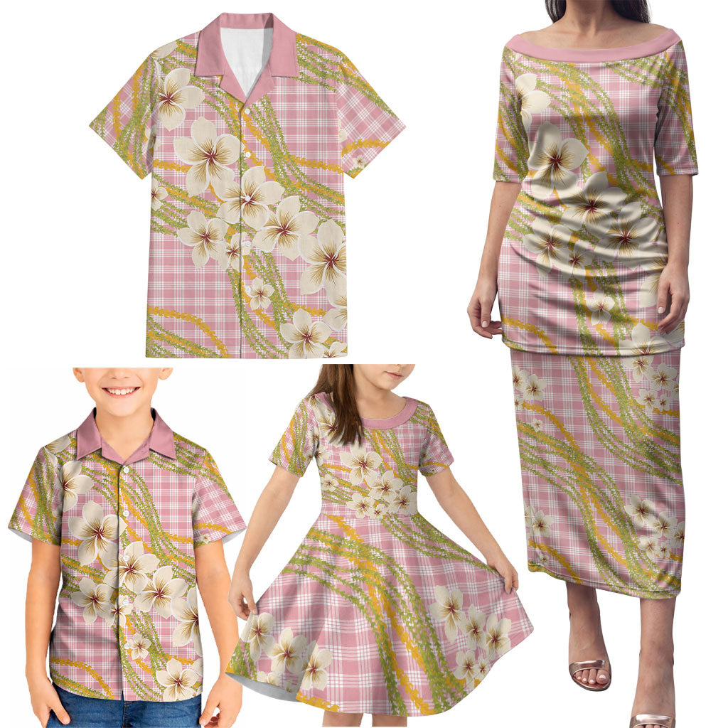 Akala Hamele Palaka Plumeria Family Matching Puletasi and Hawaiian Shirt Puakenikeni and Maile Lei
