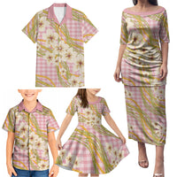 Akala Hamele Palaka Plumeria Family Matching Puletasi and Hawaiian Shirt Puakenikeni and Maile Lei