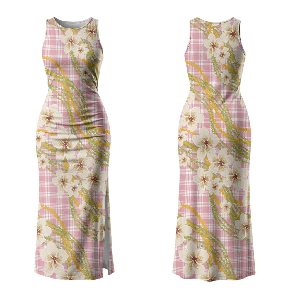 Akala Hamele Palaka Plumeria Family Matching Tank Maxi Dress and Hawaiian Shirt Puakenikeni and Maile Lei