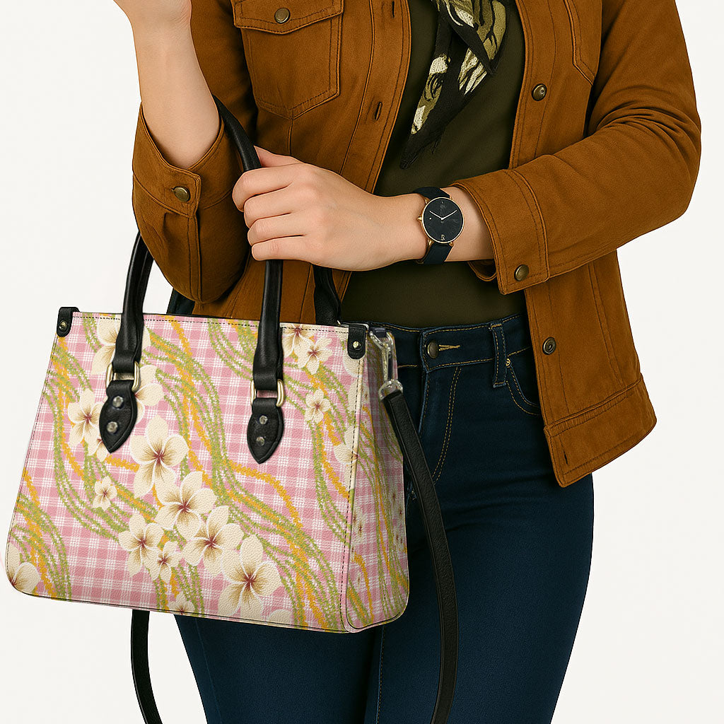 Akala Hamele Palaka Plumeria Leather Bag Puakenikeni and Maile Lei