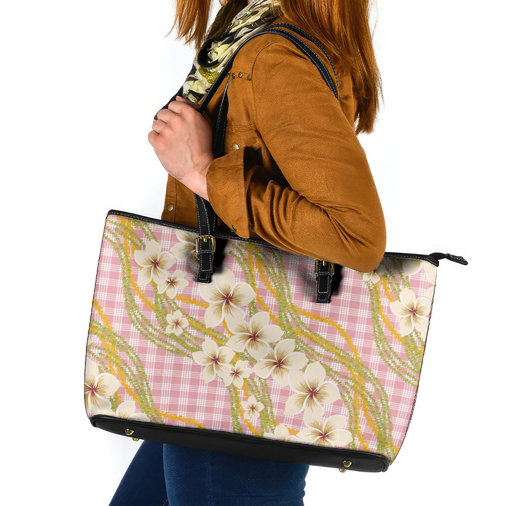 Akala Hamele Palaka Plumeria Leather Tote Bag Puakenikeni and Maile Lei