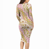 Akala Hamele Palaka Plumeria Long Sleeve Bodycon Dress Puakenikeni and Maile Lei