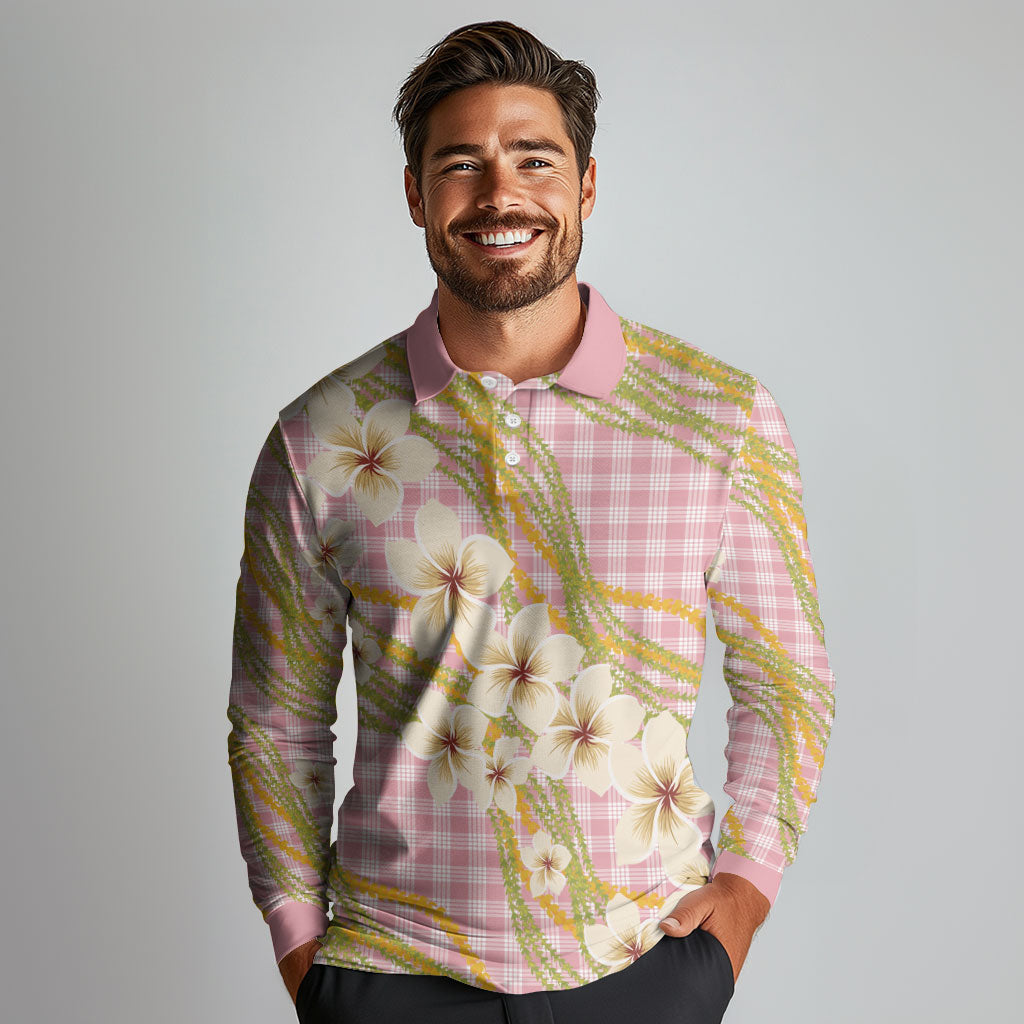 Akala Hamele Palaka Plumeria Long Sleeve Polo Shirt Puakenikeni and Maile Lei