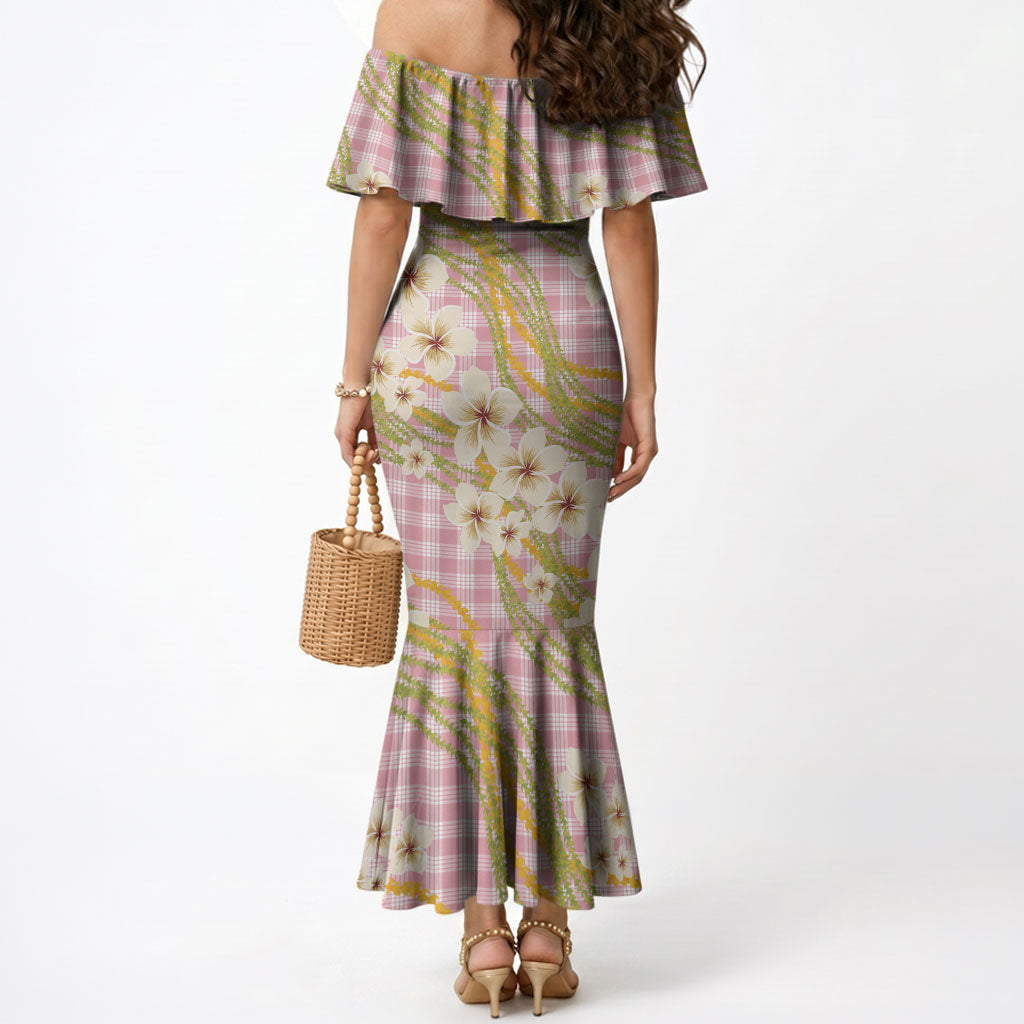 Akala Hamele Palaka Plumeria Mermaid Dress Puakenikeni and Maile Lei