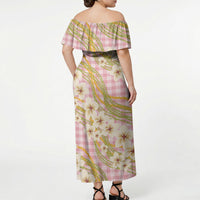 Akala Hamele Palaka Plumeria Off Shoulder Maxi Dress Puakenikeni and Maile Lei