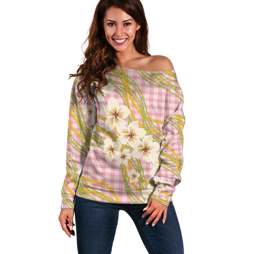 Akala Hamele Palaka Plumeria Off Shoulder Sweater Puakenikeni and Maile Lei