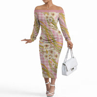 Akala Hamele Palaka Plumeria Off The Shoulder Long Sleeve Dress Puakenikeni and Maile Lei