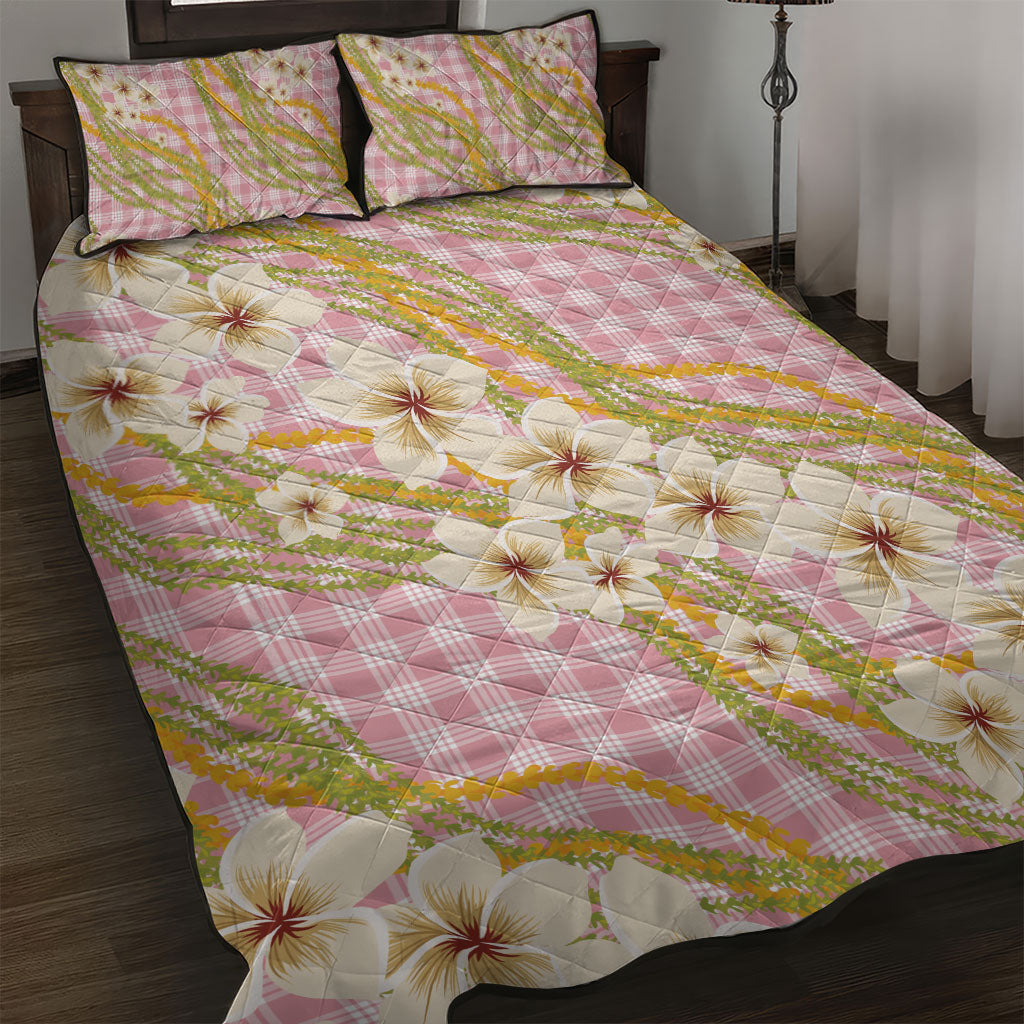 Akala Hamele Palaka Plumeria Quilt Bed Set Puakenikeni and Maile Lei