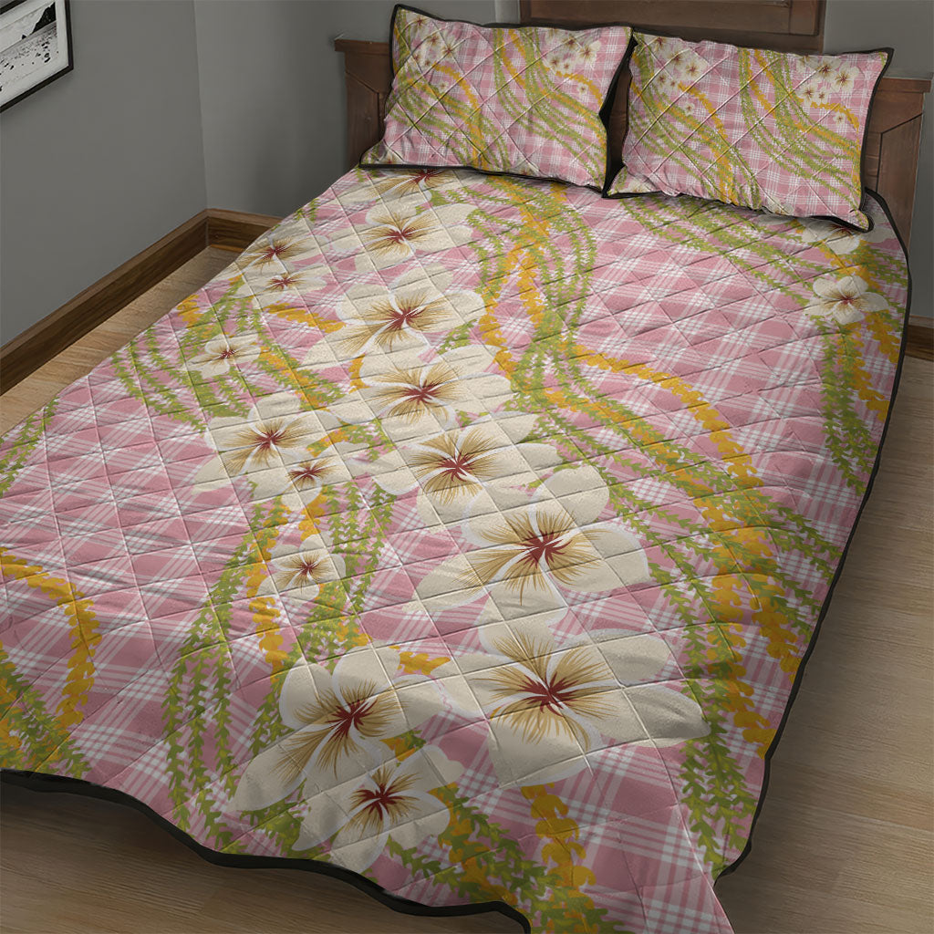 Akala Hamele Palaka Plumeria Quilt Bed Set Puakenikeni and Maile Lei