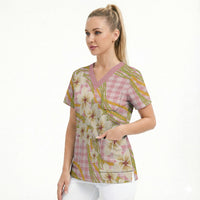 Akala Hamele Palaka Plumeria Scrub Top Puakenikeni and Maile Lei