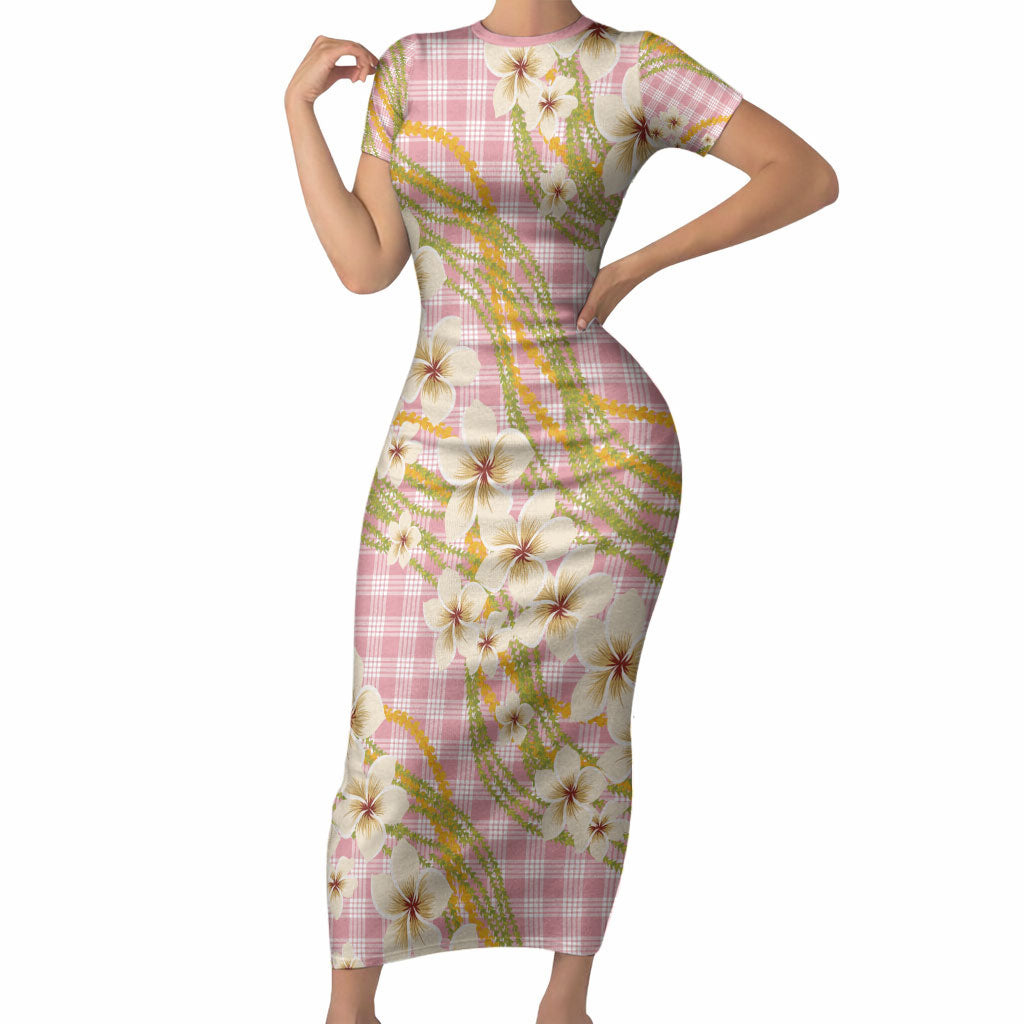 Akala Hamele Palaka Plumeria Short Sleeve Bodycon Dress Puakenikeni and Maile Lei
