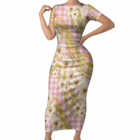 Akala Hamele Palaka Plumeria Short Sleeve Bodycon Dress Puakenikeni and Maile Lei