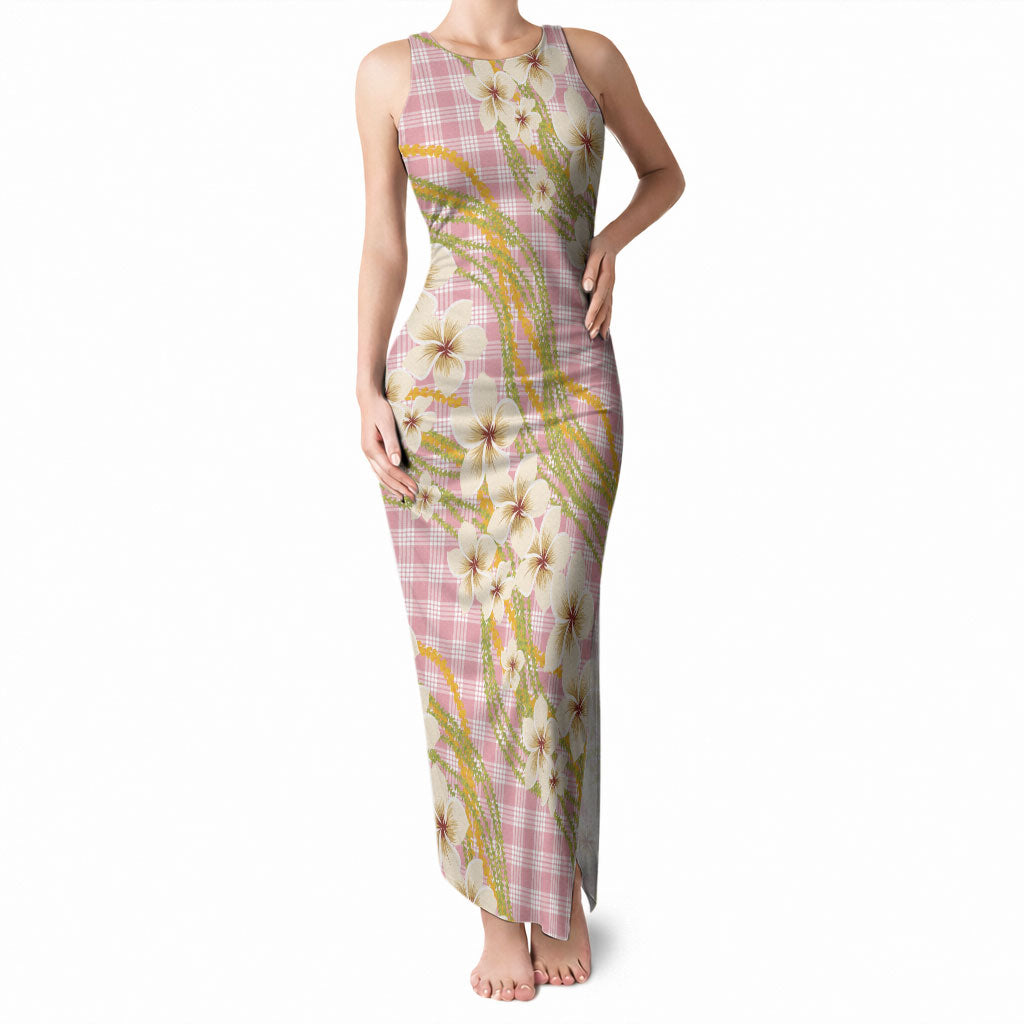Akala Hamele Palaka Plumeria Tank Maxi Dress Puakenikeni and Maile Lei