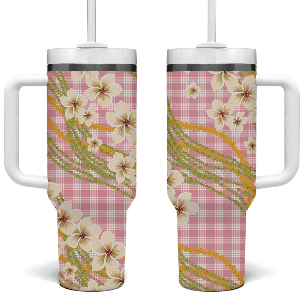 Akala Hamele Palaka Plumeria Tumbler With Handle Puakenikeni and Maile Lei