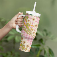 Akala Hamele Palaka Plumeria Tumbler With Handle Puakenikeni and Maile Lei