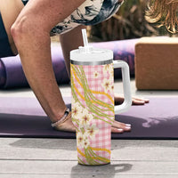 Akala Hamele Palaka Plumeria Tumbler With Handle Puakenikeni and Maile Lei