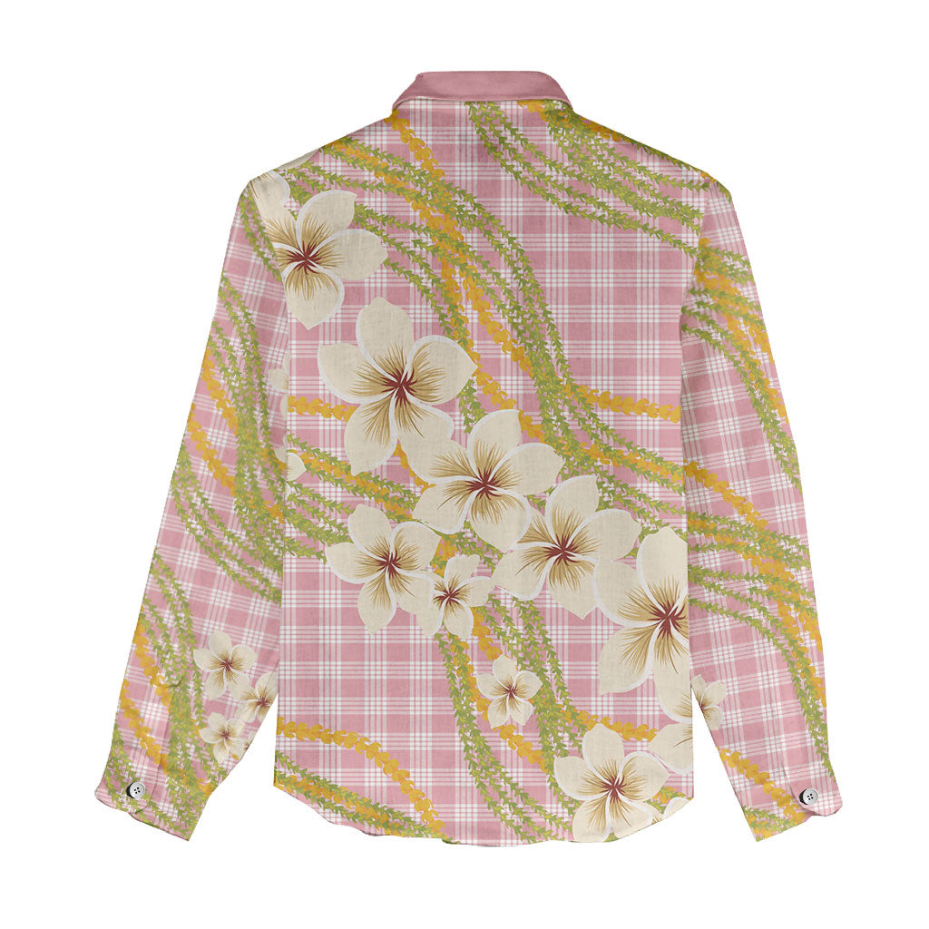 Akala Hamele Palaka Plumeria Women Casual Shirt Puakenikeni and Maile Lei